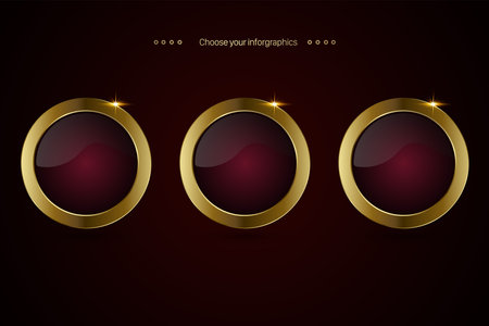 Set of three red luxury vector circular buttons design featuring a rich burgundy red center, enclosed by a shiny gold metallic border. used in banner, button, web UI design, option conceptのイラスト素材