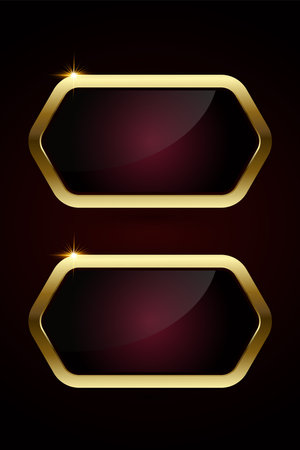 Two glossy hexagonal frames with gold metallic borders on a dark red background. The frames feature a shiny golden finish with a glossy black interior.のイラスト素材