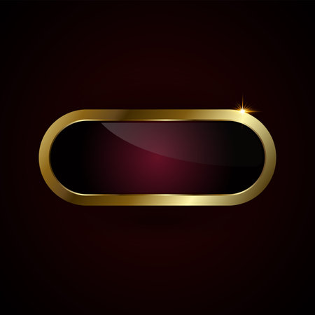 A red plate button of ellipse shape with golden frame vector illustration. Red button on dark background with golden glossy border.のイラスト素材