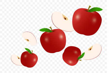 A Flying red apples mixed together on transparency background used in advertising background, falling red apples, realistic 3d vector illustrationのイラスト素材