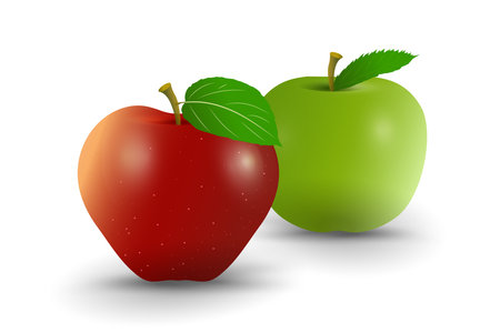 Two fresh red apples with a smooth surface and a single green leaf attached to its. Group of juicy falling red apples, realistic 3d vector illustrationのイラスト素材