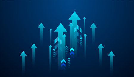 growing up arrows on gradient blue background. and Group of upward arrows against a dark blue...