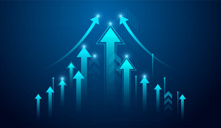A cluster of bold blue arrows shoot upward, representing rapid momentum and accelerated progress....