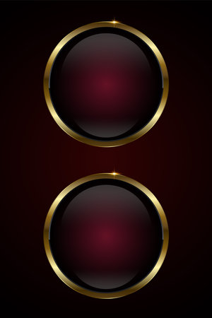 Two premium Red luxury Circle vector buttons design on dark red background. Set of two Premium red circle button, element, web UI illustration designのイラスト素材