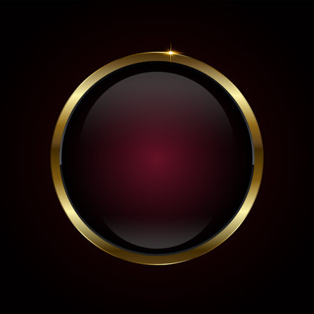 A Red luxury Circle vector button design on dark red background. Premium red circle button, element, web UI, symbol, and 3d round black glossy button with goldのイラスト素材