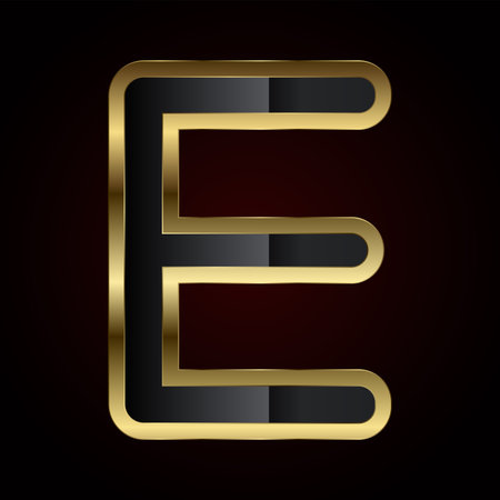 A luxurious Letter E is crafted with a rich gold outline and sleek black interior, radiating elegance and high-end design of vector, illustrationのイラスト素材