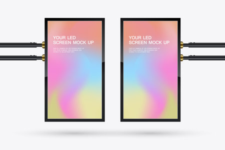 Two mock-up simulates a real hanging screens, perfect for showcasing advertisements, announcements, or digital content in indoor spaces. vector illustrationのイラスト素材