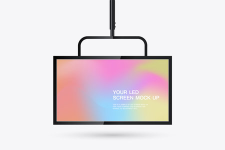 A modern sleek black-framed LED screen suspended from a ceiling mount showcases a vivid, colorful gradient background. vector illustrationのイラスト素材