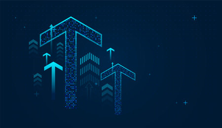 The dark blue gradient background enhances the glowing arrow visuals, creating a modern and...