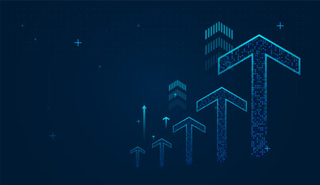 The dark blue Arrows on gradient background glowing blue arrows pointing upward, symbolizing progressive growth or increasing success over time. vector illustrationのイラスト素材