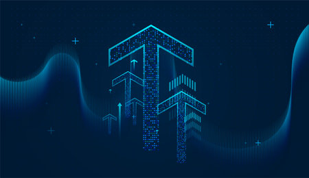 Dark digital background, the arrows are designed with pixel-like dots, creating a futuristic and high-tech aesthetic. vector illustrationのイラスト素材