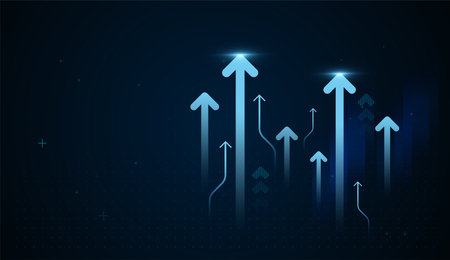 Highly rendering of arrow graph on dark blue background. Business concept