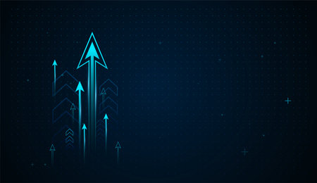 A glowing digital arrow rises sharply on a futuristic grid, symbolizing rapid technological growth...