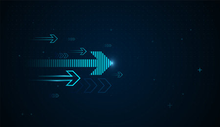 A layered digital arrow rises with intensity, reflecting scalable growth and powerful upward trends in technology. Glowing blue arrows move upward iwith Multiple neon arrowsのイラスト素材