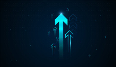 A upward arrows vector design, with Blue Glowing Arrow Light Background made of glowing blue lines represents accelerating digital growth and rising Charts Conceptsのイラスト素材