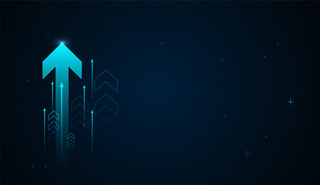 Bright digital arrows surge upward, centered by a dominant glowing arrow that represents breakthrough performance and futuristic technological advancement. Vector illustrationのイラスト素材