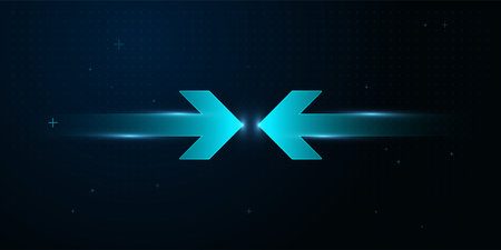 Two large and luminous arrows moves upward at high speed, surrounded by miniature glowing arrows on a dotted tech background, Growth arrow sign conceptsのイラスト素材