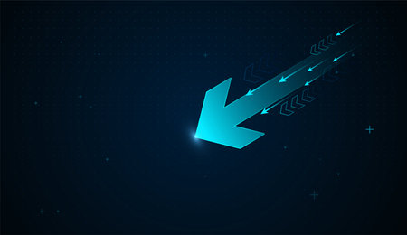 A Falling Down blue arrow streaks forward through a dark digital field, leaving a trail of smaller arrows that highlight fast improvement, on dark digital backgroundのイラスト素材