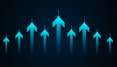 Group of glowing blue upward arrows rising above with smaller arrows, symbolizing strong financial...