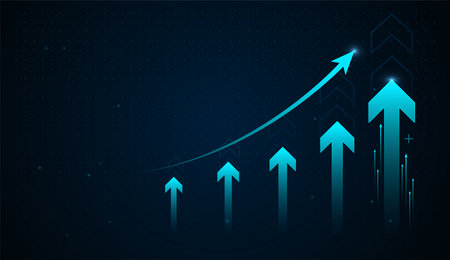 A glowing blue upward arrow rises above smaller arrows, symbolizing strong financial growth and accelerating business performance. A glowing blue arrow risesのイラスト素材