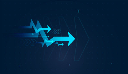 A tall central arrow leads thinner lines, representing a dominant market trend. with Futuristic gradients on a dark grid background evoke data dashboards and fintechのイラスト素材