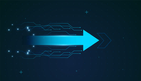A glowing blue digital arrow surges upward with circuitlike trails, symbolizing tech-driven financial growth. Neon circuit patterns frame the bold arrows up trendのイラスト素材