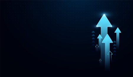Blue glowing arrows create dynamic upward movement, representing innovation-driven growth charts....