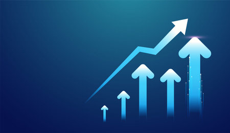 Multiple glowing arrows rise upward, forming a dynamic chart that highlights steady increase in finance and business growth. Bright gradient arrows point upwardのイラスト素材