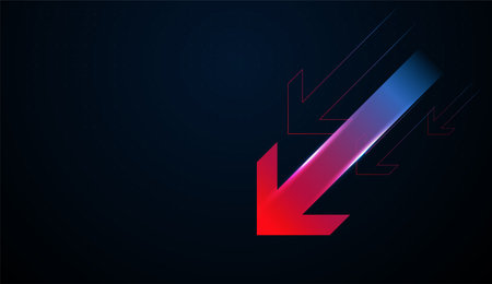 Glowing red arrows point down, representing financial fall trends impacting modern technology and...