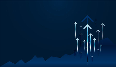 The upward motion of Grow arrows represents confidence in technology progress and sustainable Finance growth in Business sectors. Layered Grow arrows illustrate steady advancement in technology supporting Finance markets and strategic Business development.Futuristic data visualization blue background with arrow financial graphs businessのイラスト素材