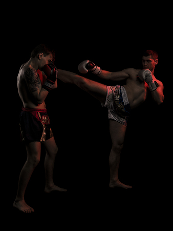 Mixed martial artists fighting - kicking on a black background