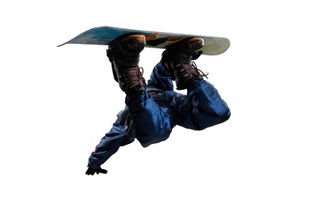 flying snowboarder isolated on whiteの写真素材