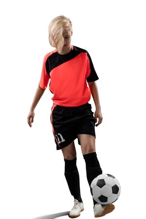female soccer player isolated on whiteの写真素材