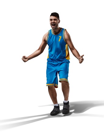 happy basketball player isolated in whiteの写真素材