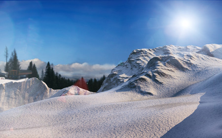 sunny winter mountains landscape 3d rendering backgroundの写真素材