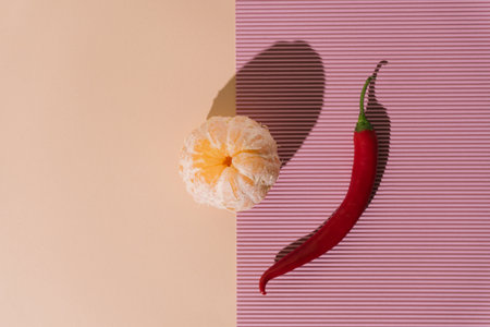 Peeled orange and red paprika on interesting pinkish pastel background. Layout composition.の写真素材