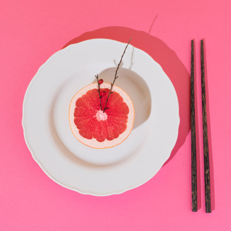 Visual analogy of a clock made of grapefruit and small wooden sticks on pinkの写真素材