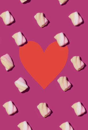 Candy pattern with one red heart shape in the middle. Valentine's day postcard/background.