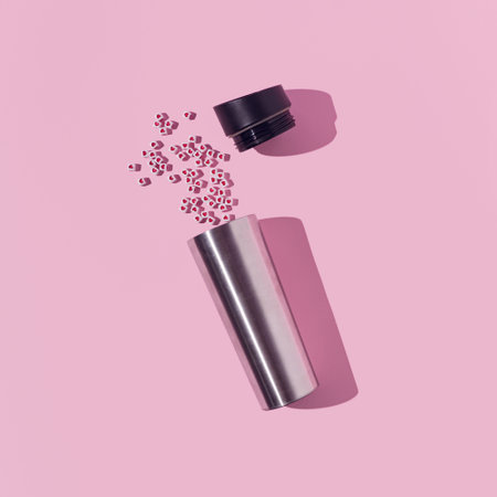 Silver thermos with small red hearts on soft pink background. Minimal Valentine's day concept.