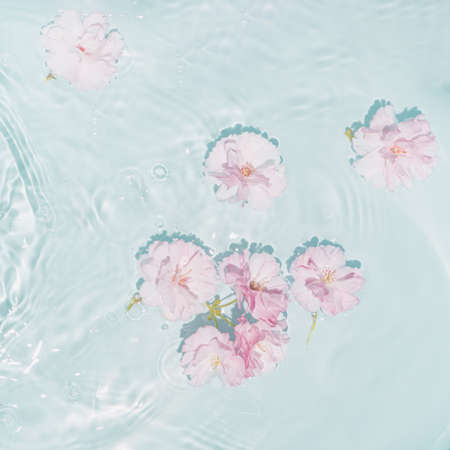 Small pink and white flowers in tirquise blue wavy water. Beautiful flat lay minimal scene....