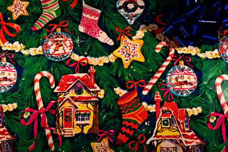 A Christmas present wrapped with a blue bow attached.の写真素材