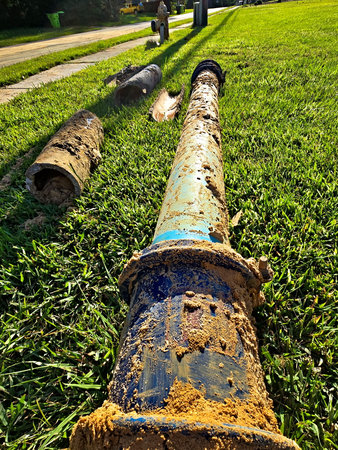 A close up shot of a broken water pipe covered in mud, resting on a bed of green grass, with a...