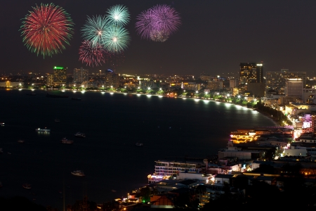 Night view and fireworks at Pattaya city, Thailandの写真素材