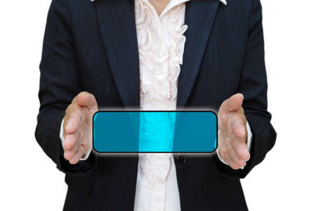 Business woman show open space between her hand for some messagesの写真素材