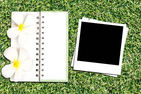 Photo frame and notebook on green grass backgroundの写真素材