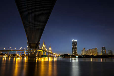 Bhumibol bridge at night, Bangkok Thailandの写真素材