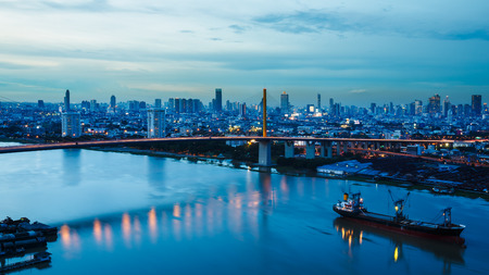 Landscape of river in bangkok city in twilight time, Thailand