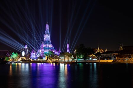 Lighting effects at Wat Arun Temple in the night, Bangkok, Thailandの写真素材