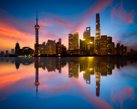 Shanghai skyline in the morning with reflection, Shanghai Chinaの写真素材