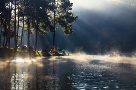 Morning at Pang Ung lake, Pang Ung Mae Hong Son province,  North of thailandの写真素材